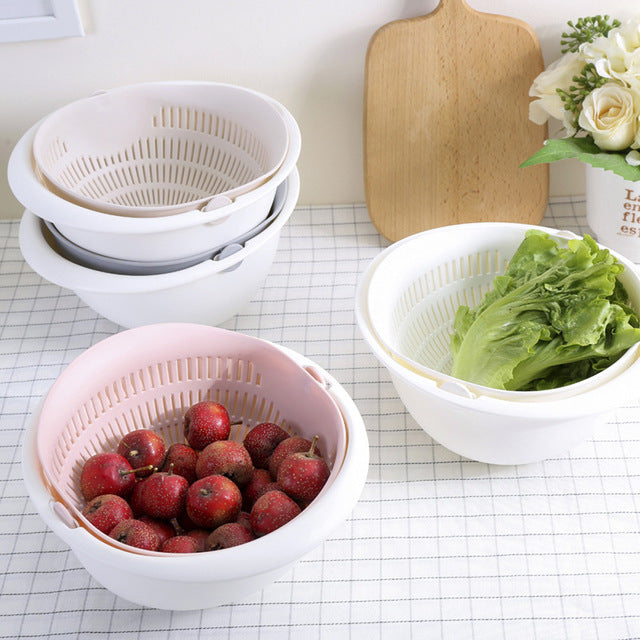 2-in-1 Multifunction Kitchen Colander/Strainer and Bowl Set, Double Layered Rotatable Drain Basin and Basket, For Cleaning, Washing, Mixing Fruits and Vegetables